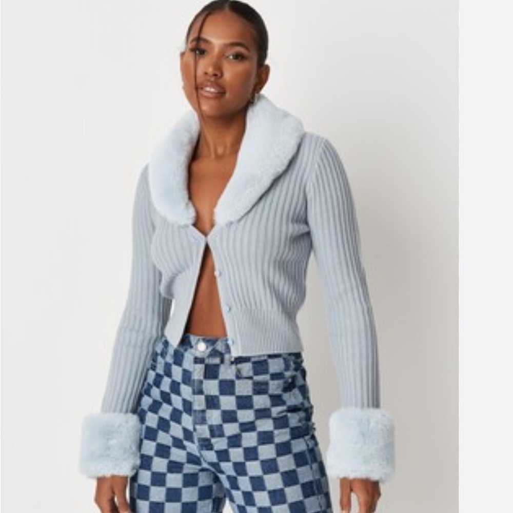 Missguided Light Gray Teddy Jacket with Faux Fur Collar